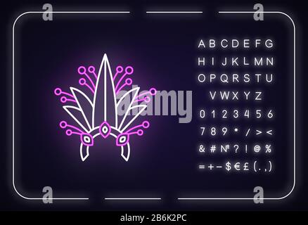 Brasilianische Karneval Kopfbedeckung Neon-Licht-Symbol. Krone mit Pflanzenblättern und Juwelen. Äußere leuchtende Wirkung. Zeichen mit Alphabet, Zahlen und Symbolen. Vektor Stock Vektor