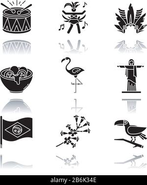 Brasilianische Kultur Schlagschatten schwarze Glyphe Symbole gesetzt. Traditionelle Maskerade. Flamingo. Jesusstatue. Karnevalshut. Samba. Exotische Vögel. Ethnische Zugehörigkeit Stock Vektor