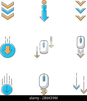 Bildlaufpfeile RGB-Farbsymbole festgelegt. Computermaus und Pfeilspitzen in Kreisschaltflächen. Anzeigen für das Durchsuchen und Herunterladen von Internetseiten. Web Stock Vektor