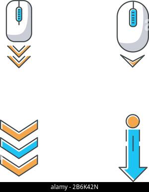 Scrolldown-Anzeigen RGB-Farbsymbole festgelegt. Computermaus und Pfeilspitzen. Wischen Sie mit der Geste nach unten. Navigationstasten mit beweglichen Pfeilen. Webseite Stock Vektor
