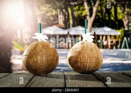 Frische Kokosnussgetränke und verschwommene exotische Bäume und Restauranthintergrund im Freien. Schöner sonniger Hintergrund im Sommer. Platz für Werbeprofi kopieren Stockfoto