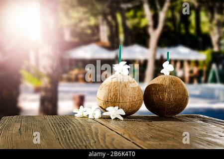 Frische Kokosnussgetränke und verschwommene exotische Bäume und Restauranthintergrund im Freien. Schöner sonniger Hintergrund im Sommer. Platz für Werbeprofi kopieren Stockfoto