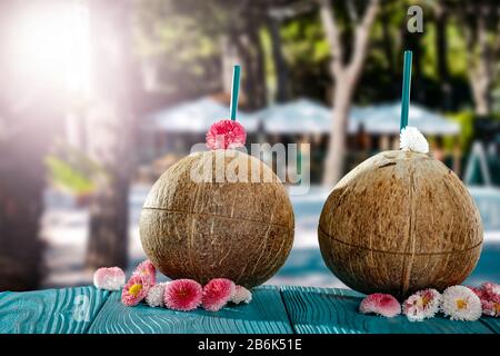 Frische Kokosnussgetränke und verschwommene exotische Bäume und Restauranthintergrund im Freien. Schöner sonniger Hintergrund im Sommer. Platz für Werbeprofi kopieren Stockfoto