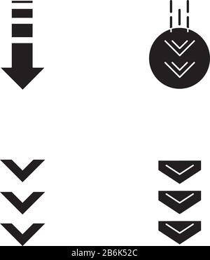 Nach-unten-Pfeile schwarze Glyph-Symbole auf dem weißen Bereich. Doppelte Pfeilspitze im Kreis. Scrolldown-Schaltflächen. Navigationstasten für die Pfeiltasten. Silhouette Stock Vektor