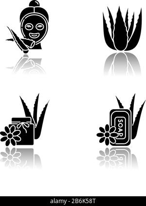 "Aloe vera Drop shadow Black Glyph Icons set". Gesichtsmaske für Frauen. Spa-Behandlung. Pflanzensprossen. Badeprodukte. Dermatologie und Kosmetik Stock Vektor