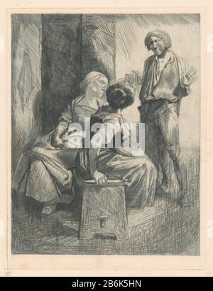 Drei sprechende Figuren Zwei Frauen, die auf einer Holzbank sitzen. Ein Blick von ihnen auf einen stehenden Mann, der mit seinem Handen gestikuliert ist. Hersteller: Druckmaschine: Johannes Joseph Aart Vom: 1881 - 1934 Physikalische Merkmale: Ätzung mit Plattenton grünes Material: Papiertechnik: Ätzung / Plattentonabmessungen: Plattenkante: H 200 mm × W 150 mm Thema: Gespräch, Dialog; Sitzende Figur des Sprechstückes - AA - weibliche menschliche Figur Erwachsene Männer (+ stehend) Stockfoto
