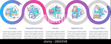 Infografievorlage "Budget Tourism Rest Vector". Erschwingliche Unterkünfte Präsentationsdesign Elemente. Datenvisualisierung in fünf Schritten. Prozess Stock Vektor