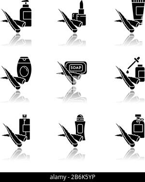 "Aloe vera Drop shadow Black Glyph Icons set". Kosmetische Mittel mit Heilpflanze. Natürliche Creme, organische Lotion. Deodorant, Lippenbalsam. Essenz Stock Vektor