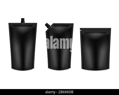 Realistisches 3D-Set mit Leerem Doy Pack Mock. Vector Doypack Template Packen mit und ohne Schraubverschluss. Stock Vektor