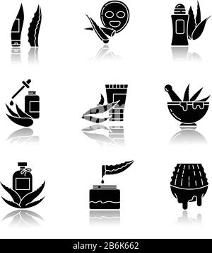 "Aloe vera Drop shadow Black Glyph Icons set". Antitranspirant mit Heilkräutern. Kosmetische Produkte. Pflanzliche Creme und Lotion. Kakteensaft Stock Vektor