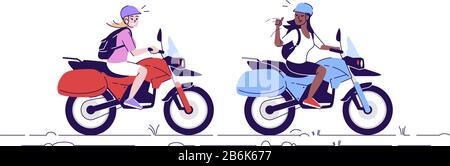 Zwei Frauen auf Motorrädern, flache Doodle-Illustration. Touristen, die mit dem Fahrrad fahren. Frau, die den Nahverkehr mit Reiseleiter benutzt. Indonesien Tourismus 2D Cartoon Stock Vektor