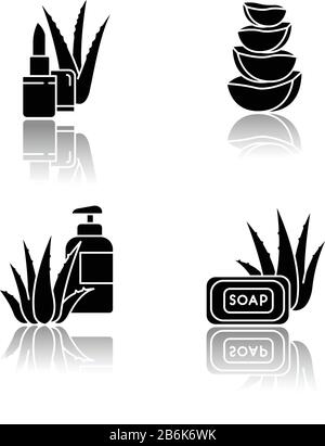 "Aloe vera Drop shadow Black Glyph Icons set". Badeprodukte mit organischen Zutaten. Lippenbalsam. Kaktusscheiben. Saftig schneiden. Kosmetisch für Stock Vektor