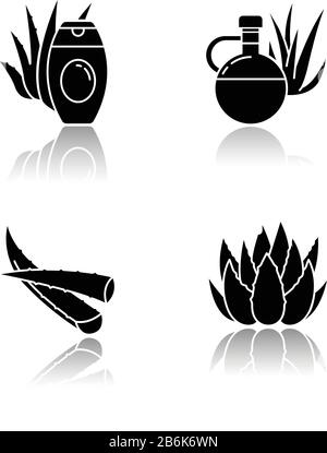 "Aloe vera Drop shadow Black Glyph Icons set". Botanische Sprossen. Heilkraut. Kakteen, saftiges Blatt. Kosmetische Creme. Natürliche Lotion. Gesund Stock Vektor