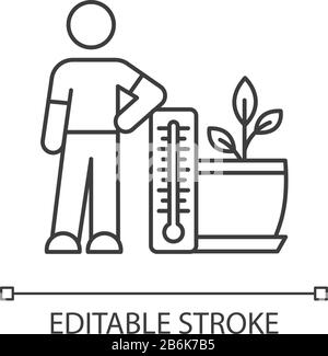 Das Symbol für den perfekten linearen Bereich des Pflanztemperaturbereichs. Bereitstellung der richtigen Lufttemperaturbedingungen. Anpassbare Abbildung mit dünner Linie. Kontursymbol Stock Vektor
