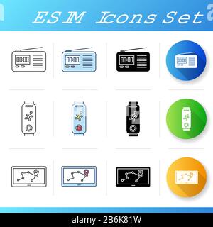 Symbole für mobile Geräte festgelegt. Tragbare elektronische Geräte. Intelligente Technologie. Funkgerät, Fitness-Tracker, Navigator. Kompakte digitale Werkzeuge. Linear, schwarz Stock Vektor