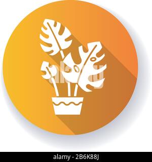 Monstera deliciosa orangefarbenes flaches Design mit langer Schatten-Glyphe. Schweizer Käserei. Philodendron. Innenanlage mit gespaltenen Blättern. Hauswerk. Zu Hause Stock Vektor