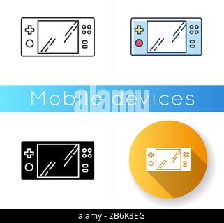 Symbol für tragbare Videospielkonsole. Handheld-Gaming-Gadget mit Tasten. Elektronisches Taschengerät zum Spielen. Unterhaltung. Lineares Schwarz und RGB Stock Vektor