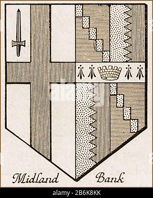 C 40er-Illustration mit Schilden, Wappen oder Wappen der Midland Bank, einer der "Big Five"-Banken in Großbritannien zu dieser Zeit Stockfoto