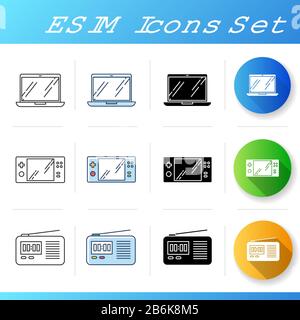 Symbole für mobile Geräte festgelegt. Tragbare elektronische Geräte. Intelligente Technologie. Laptop, Videospielkonsole, Funkgerät. Kompakte digitale Werkzeuge. Linear, schwarz Stock Vektor