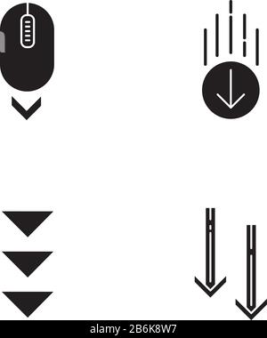 Nach unten scrollen schwarze Glyph-Symbole auf dem weißen Bereich. Computermaus und Pfeilspitzen in Kreisschaltflächen. Verschieben von Pfeilen. Richtung. Silhouette Stock Vektor