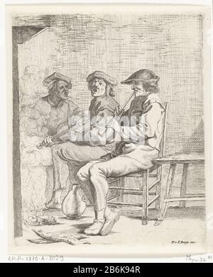 Drei Männer, die Musik Machen Drei Männer, die vor einem Kamin sitzen. Ein Mann spielt Flöte, eine weitere Geige, die dritte Zinge. Hersteller : Druckerhersteller Willem Bass zum Entwurf: Adriaen Brouwer Herausgeber: Pieter van den Berge (Listed Property) Ort Herstellung: Amsterdam Datum: 1633 - 1672 Physikalische Merkmale: Ätzungs- und Engra-Material: Papiertechnik: Ätzung / Engra-Messungen (Druckverfahren) Maße: Plattenkante: H 168 mm × W 140 mmToelichCat Ting  LW AT  . Camb. 119 Thema: Eine Person, die Saiteninstrument spielt (verbeugt) eine Person, die Blasinstrumentmusiker (s) Spielt, Die Sängerin(n) Begleitet Stockfoto