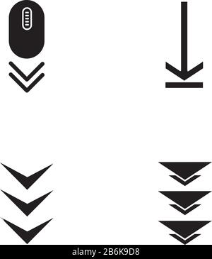 Nach unten scrollen und Anzeigen hochladen schwarze Glyph-Symbole auf weißem Raum. Navigationstasten für die Pfeiltasten. Website-Seitencursor. Silhouette Stock Vektor