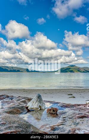 Wunderschöne weiße Wolken und das australische Festland, wie man sie von einem Korallen- und Felsstrand in einer abgeschiedenen Bucht auf Fitzroy Island, Queensland, Australien, sieht. Stockfoto