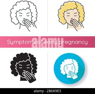 Symbol für Schläfrigkeit. Schlafende Frau. Müde Dame. Ermüdung und Burnout. Frühsymptom der Schwangerschaft. Insomnienschild. Gähnen vor Erschöpfung. Linear schwarz und Stock Vektor