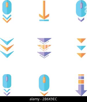 Scroll-Down-Tasten Flat Design Cartoon RGB-Farbsymbole festgelegt. Anzeigen für das Durchsuchen und Herunterladen von Internetseiten. Computermaus und Pfeile nach unten. Web Stock Vektor
