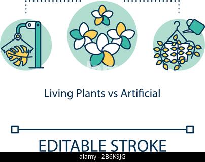 Symbol für lebende Pflanzen im Vergleich zu künstlichem Konzept. Vor- und Nachteile. Echte und faux-houseplants sind eine dünne Linie. Vektor-isolierte Umriss-RGB-Farbe Stock Vektor