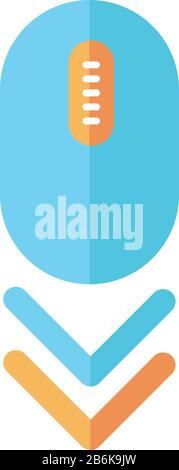 Scrollen Sie mit der Maus nach unten, um das RGB-Farbsymbol im Cartoon zu sehen. Doppelpfeil zum Durchsuchen von Internetseiten. Moderne Computerausstattung mit Tasten und Rad. Web Stock Vektor