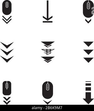 Scroll-Down-Tasten schwarze Glyph-Symbole auf weißem Raum. Anzeigen für das Durchsuchen und Herunterladen von Internetseiten. Computermaus und Pfeile nach unten Stock Vektor