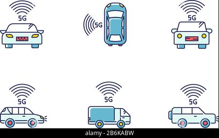 5G Smart CARS RGB-Farbsymbole festgelegt. Fahrzeuge mit Internetverbindung. Autonomes Fahren. Selbstfahrend, intelligentes Auto. Wireless-Technologie Stock Vektor