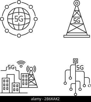 5G drahtlose Technologie Pixel perfekte lineare Symbole eingestellt. Intelligente Stadt. Mikrochip. Zellturm. Schnelle Geschwindigkeit. Anpassbare Kontursymbole mit dünnen Linien. Isoliert Stock Vektor