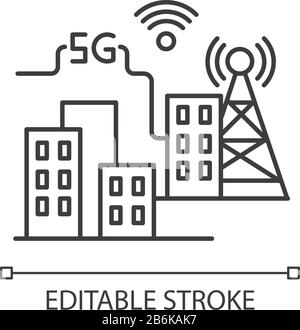 5G Smart City Pixel Perfect Linear Icon. Verbesserte städtische Infrastruktur. Wireless-Technologie. Anpassbare Abbildung mit dünner Linie. Kontursymbol Stock Vektor