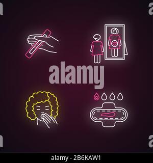 Symbol für Neon-Licht in der Frühschwangerschaft gesetzt. Positiver Test für Schwangere. Frau fühlt Schläfrigkeit. Blutungen aus der Periode. Schilder mit Außenmaterial Stock Vektor