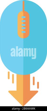 Maus- und Abwärtspfeil, flaches Cartoon-RGB-Farbsymbol. Webseite scrollt nach unten. Richtung des Cursors. PC-Maus mit Tasten. Website-Zeiger Stock Vektor