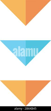 Drei Abwärtspfeile für das RGB-Farbsymbol im Cartoon. Seite in vertikaler Richtung durchsuchen, herunterladen. Cursor der Benutzeroberfläche des Menüs "Scrolldown", weiter Stock Vektor