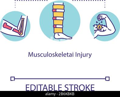 Symbol für das Konzept der Verletzung des Bewegungsapparats. Schäden an Muskel- und Skelettsystemen, Sehnenverstauchung und Knochenbruch Idee dünne Linienabbildung. Vektor Stock Vektor