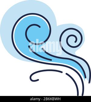 Blau-RGB-Farbsymbol für Windwirbel. Kalte Frischluftwirbel. Wirbelwind. Guter Geruch, Verdunstung. Aromatischer Duft. Rauchpuff, Brise. Wehende Windspiralen Stock Vektor