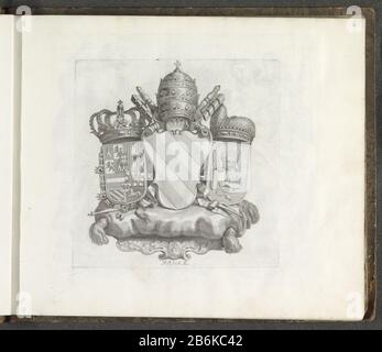 Drie Wapenschilden Münzen von unterschieden von Barbadicum Nation (serietitel) EINE Konsole mit einem Kissen. Auf dem Kissen drei Schilde nacheinander mit der Waffe der habsburgischen Könige in Spanien (Krone), der Waffe des Papstes (mit Tiara und zwei gekreuzten Schlüsseln) und den Armen des Staates Venedig (mit Dogehand). Der Druck ist Teil eines Albums. Hersteller: Druckmaschine: Robert Audenaerd (denkmalgeschütztes Gebäude) Auftraggeber: Giovanni Francesco Barbarigo (denkmalgeschütztes Eigentum) Ort Herstellung: Rom Datum: 1673 - 1743 Physikalische Merkmale: Fahrzeugmaterial: Papiertechnik: Engra (Druckverfahren) Abmessungen: Plattenkante: H 1 Stockfoto