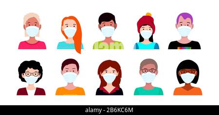Menschen in medizinischer Maske. Wuhan Coronavirus Outbreak-Konzept. COVID-19 Gefahr und Gefahr für die öffentliche Gesundheit und Grippeausbruch. Vektorgrafiken Stock Vektor