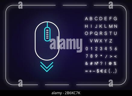 Symbol für Neonlicht der Maus nach unten scrollen. Durchsuchen und Blättern von Internetseiten. PC-Maus. Äußere leuchtende Wirkung. Zeichen mit Alphabet, Zahlen und Symbolen Stock Vektor