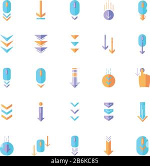 Scrollen Sie nach unten mit den RGB-Farbsymbolen für Cartoons im flachen Design. Anzeigen für das Durchsuchen und Herunterladen von Internetseiten. Pfeile nach unten. Website-Zeiger. PC-Maus mit Stock Vektor