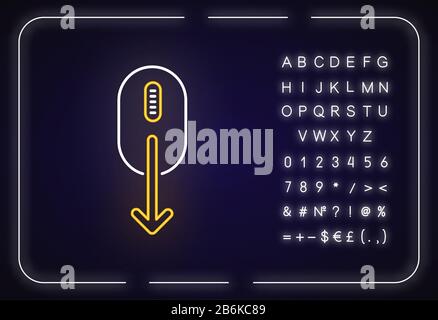 Symbol für Neonlicht mit Maus- und Abwärtspfeil. Anzeige für das Scrollen der Webseite nach unten. Schaltfläche "App-Benutzeroberfläche". Äußere leuchtende Wirkung. Zeichen mit Alphabet, Zahlen und Stock Vektor