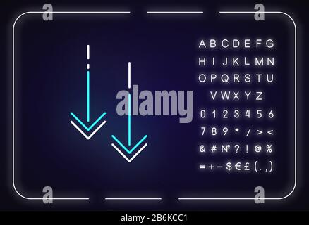 Symbol für Neonlicht mit Pfeilspitzen nach unten. Cursor der Benutzeroberfläche des Menüs "Scrolldown". Äußere leuchtende Wirkung. Zeichen mit Alphabet, Zahlen und Symbolen Stock Vektor