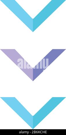 Scrolling Down Button Flat Design Cartoon RGB-Farbsymbol. Drei Abwärtspfeile für die mobile App-Schnittstelle. Prozessanzeige wird heruntergeladen. Pfeilspitzen Stock Vektor