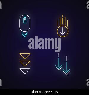 Bildlauf nach unten Neonlicht-Symbole eingestellt. Computermaus und Pfeilspitzen in Kreisschaltflächen. Richtung. Cursor, Anzeige. Schilder mit Außenleuchten Stock Vektor