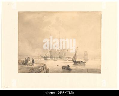 Und anderes dreimastiges Schiff in Stillwasser am Kai Dreimaster und andere Schiffe in Stillwasser für den Dockobjekttyp: Zeichnung Objektnummer: RP-T 1955-12 Hersteller: Künstler: Frans Arnold Breuhaus die Vereinigten Von 1834 bis 1872 Physische Merkmale: Pinsel in Grau, Bleistift, Federbraun, Tintenmaterial: Papierbleistift-Tintentechnologie: Stift-/Bürstenabmessungen: H 270 mm × W 365 mm Betreff: Segelschiff, Segelbootschiff auf den Straßen, Straße Stockfoto