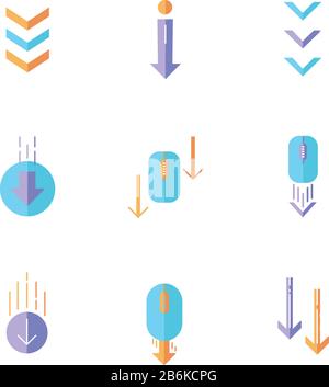 Bildlaufpfeile Flat Design Cartoon RGB-Farbsymbole festgelegt. Computermaus und Pfeilspitzen in Kreisschaltflächen. Durchsuchen und Herunterladen von Internetseiten Stock Vektor